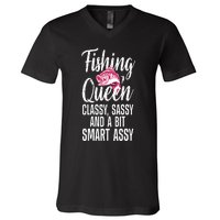 Funny Fishing Queen Design For Women Ladies Fishing Lovers V-Neck T-Shirt