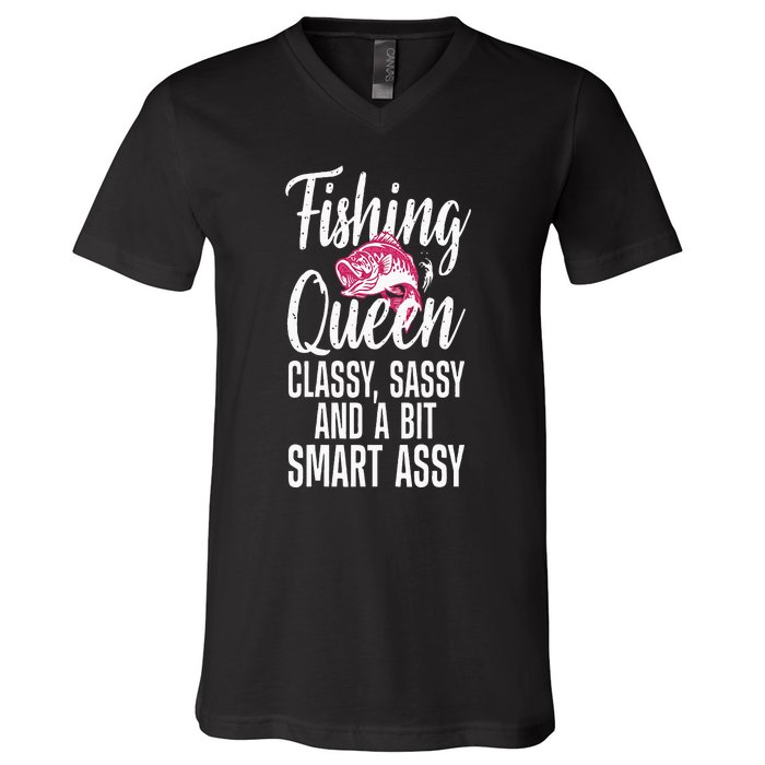 Funny Fishing Queen Design For Women Ladies Fishing Lovers V-Neck T-Shirt