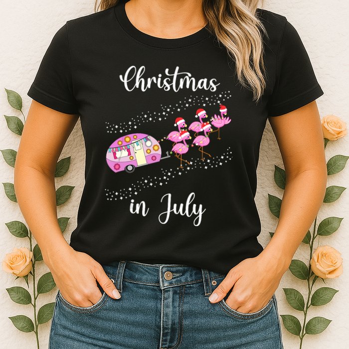 Funny Flamingo Retro Camping Car Christmas In July Tank Top Womens T-Shirt