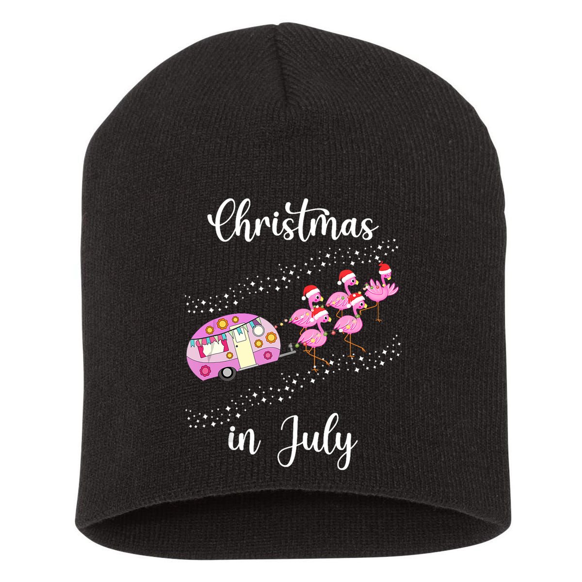 Funny Flamingo Retro Camping Car Christmas In July Tank Top Short Acrylic Beanie