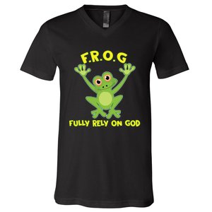 Frog Fully Rely On God Long Sleeve Christianity Gift V-Neck T-Shirt