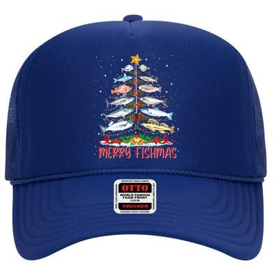 Fish Fishing Rod Christmas Tree Fisher Merry Fishmas Gift High Crown Mesh Back Trucker Hat