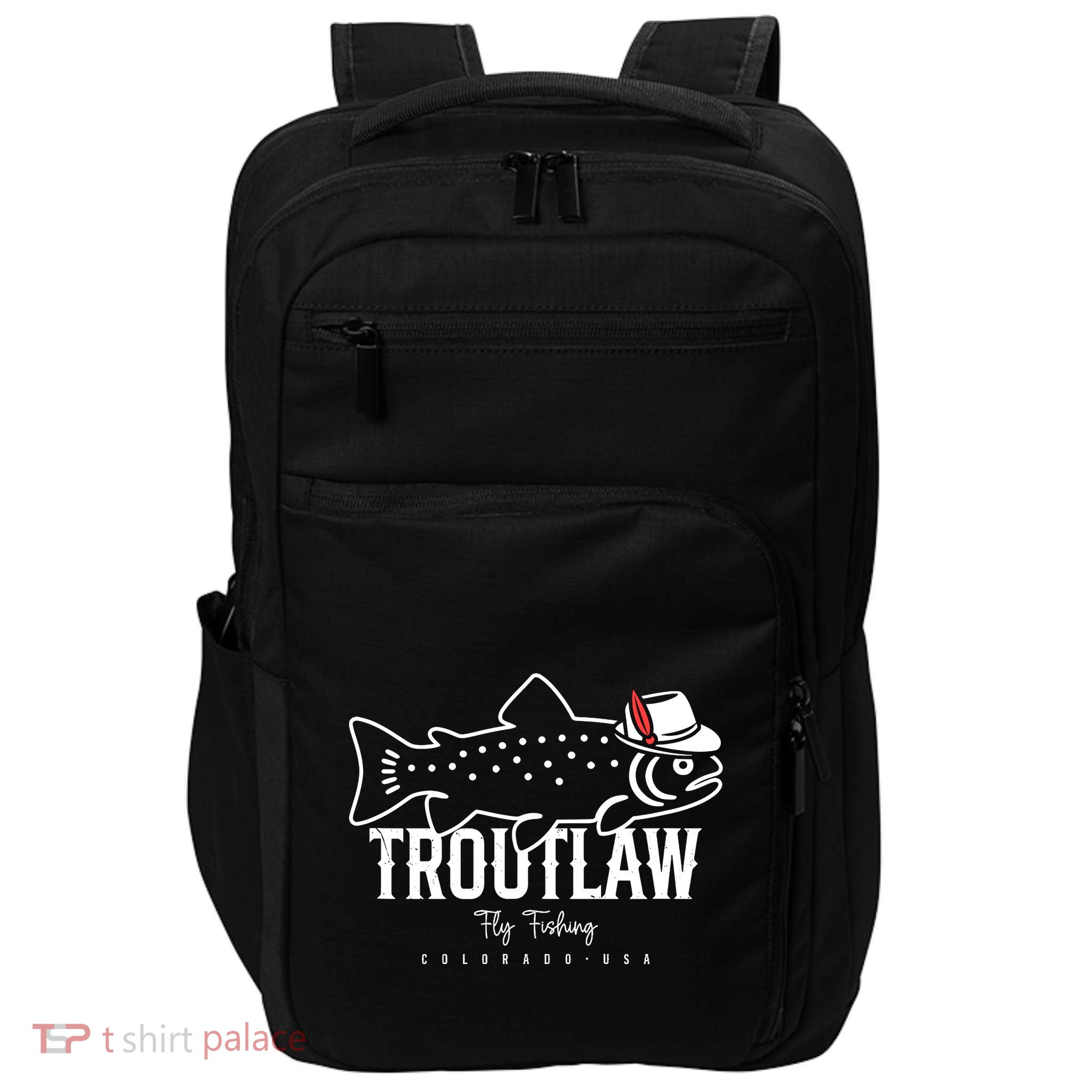 Fly Fishing Rainbow Trout Wearing A Hat Feather Cap Impact Tech Backpack