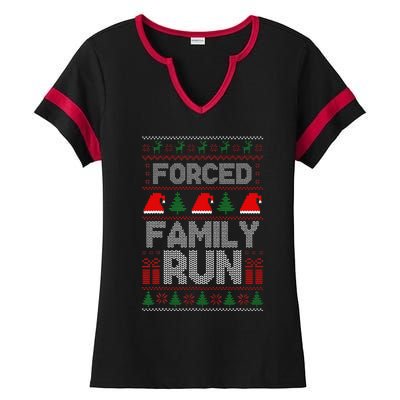 Forced Family Run Ugly Christmas Xmas Party Pajama Ladies Halftime Notch Neck Tee