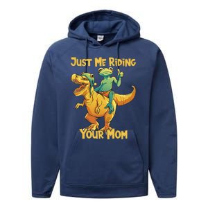 Funny Frog Riding T Rex Your Mom Sarcastic Joke Gift Performance Fleece Hoodie