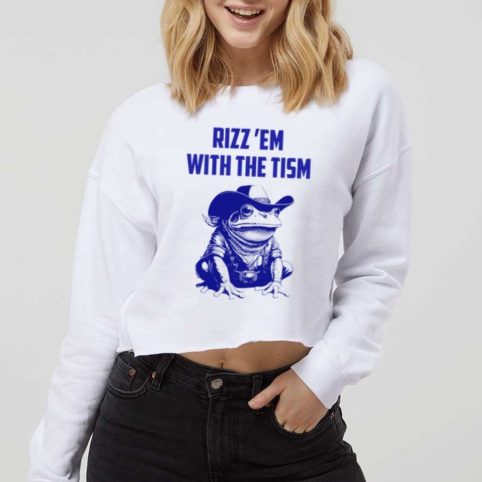 Funny Frog Rizz Em With The Tism Cropped Pullover Crew