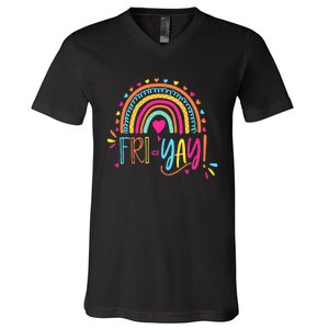 Fri-Yay Friday Rainbow Funny Teacher Tees V-Neck T-Shirt