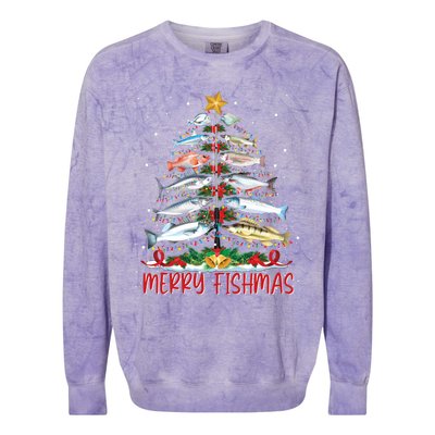 Fish Fishing Rod Christmas Tree Fisherman Merry Fishmas Colorblast Crewneck Sweatshirt