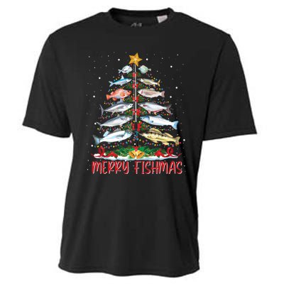 Fish Fishing Rod Christmas Tree Fisherman Merry Fishmas Cooling Performance Crew T-Shirt