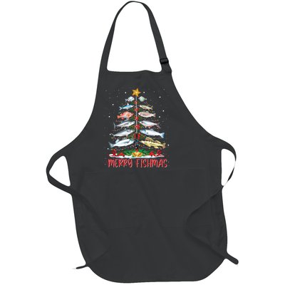 Fish Fishing Rod Christmas Tree Fisherman Merry Fishmas Full-Length Apron With Pockets