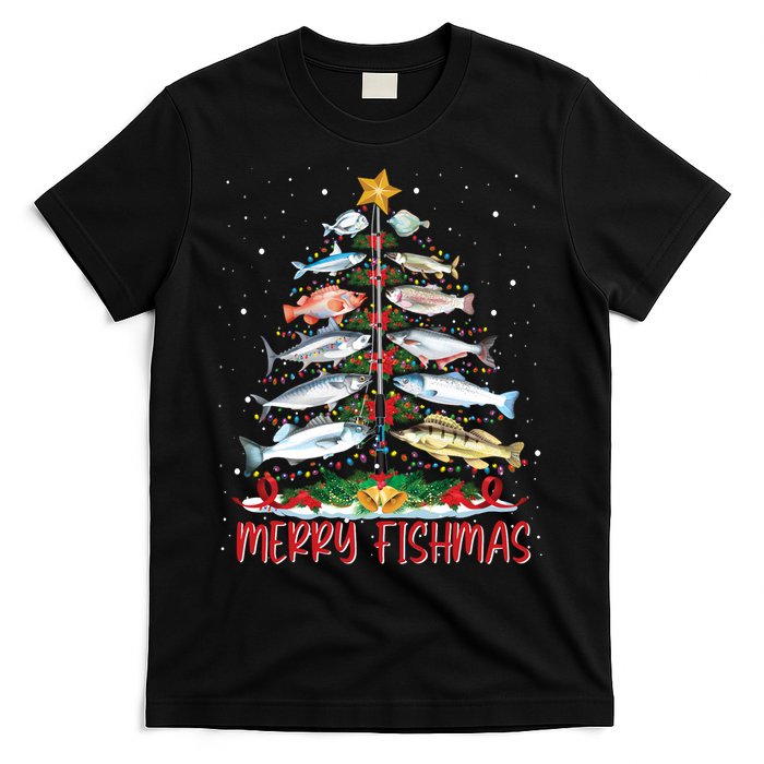 Fish Fishing Rod Christmas Tree Fisherman Merry Fishmas T-Shirt