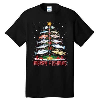 Fish Fishing Rod Christmas Tree Fisherman Merry Fishmas Tall T-Shirt