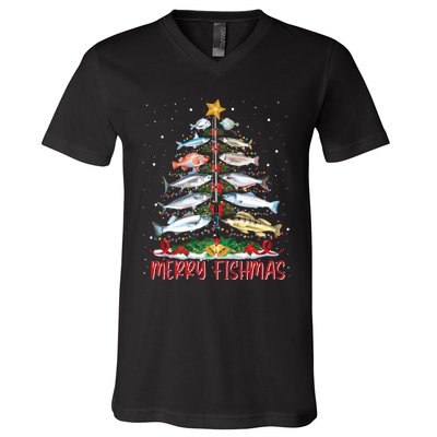 Fish Fishing Rod Christmas Tree Fisherman Merry Fishmas V-Neck T-Shirt