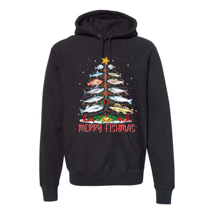 Fish Fishing Rod Christmas Tree Fisherman Merry Fishmas Premium Hoodie