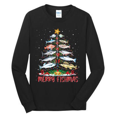 Fish Fishing Rod Christmas Tree Fisherman Merry Fishmas Tall Long Sleeve T-Shirt