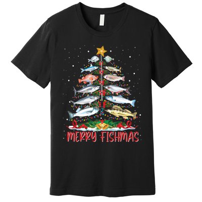 Fish Fishing Rod Christmas Tree Fisherman Merry Fishmas Premium T-Shirt