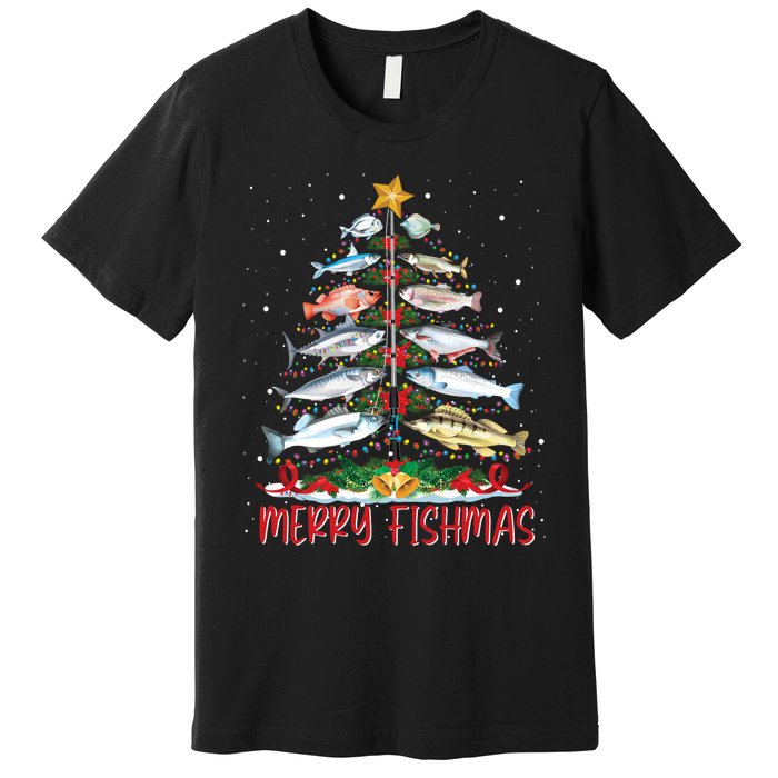 Fish Fishing Rod Christmas Tree Fisherman Merry Fishmas Premium T-Shirt