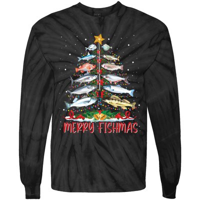 Fish Fishing Rod Christmas Tree Fisherman Merry Fishmas Tie-Dye Long Sleeve Shirt