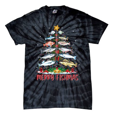 Fish Fishing Rod Christmas Tree Fisherman Merry Fishmas Tie-Dye T-Shirt