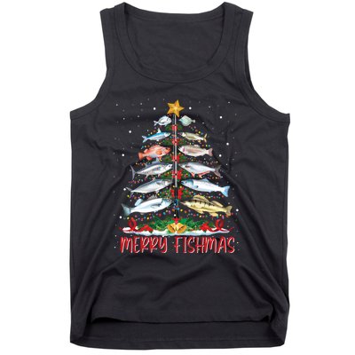 Fish Fishing Rod Christmas Tree Fisherman Merry Fishmas Tank Top