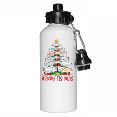 Fish Fishing Rod Christmas Tree Fisherman Merry Fishmas Aluminum Water Bottle