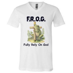 F.R.O.G Fully Rely On God Funny Green Frog V-Neck T-Shirt