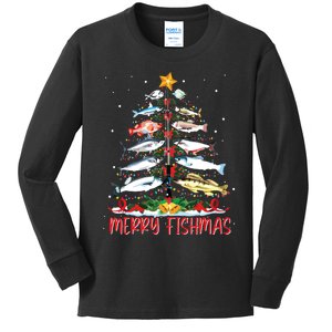 Fish Fishing Rod Christmas Tree Fisherman Merry Fishmas Kids Long Sleeve Shirt