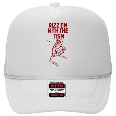 Funny Frog Rizz Em With The Tism High Crown Mesh Back Trucker Hat