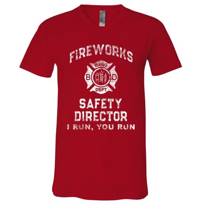 Funny FIREWORKS SAFETY DIRECTOR Firefighter America Red V-Neck T-Shirt