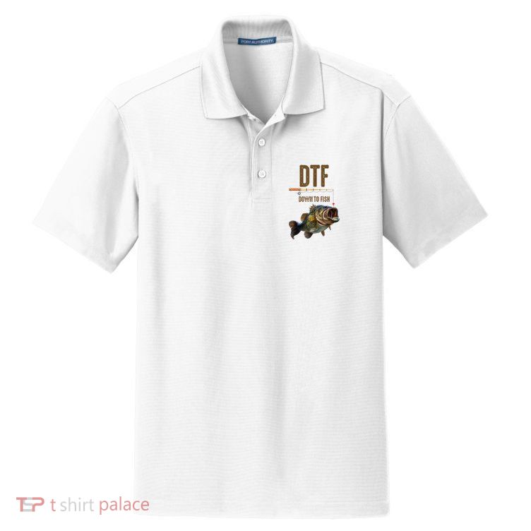 Funny Fishing Shirts: DTF Down To Fish Dry Zone Grid Polo