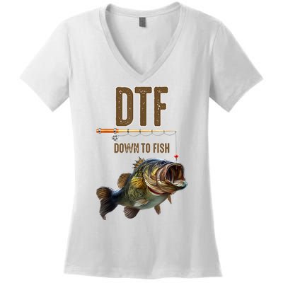 Funny Fishing Shirts: DTF Down To Fish Women's V-Neck T-Shirt