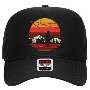 Fly Fishing Sunset Retro Trout Angling Fisherman Angler Gift High Crown Mesh Back Trucker Hat