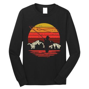 Fly Fishing Sunset Retro Trout Angling Fisherman Angler Gift Long Sleeve Shirt