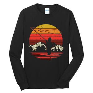 Fly Fishing Sunset Retro Trout Angling Fisherman Angler Gift Tall Long Sleeve T-Shirt