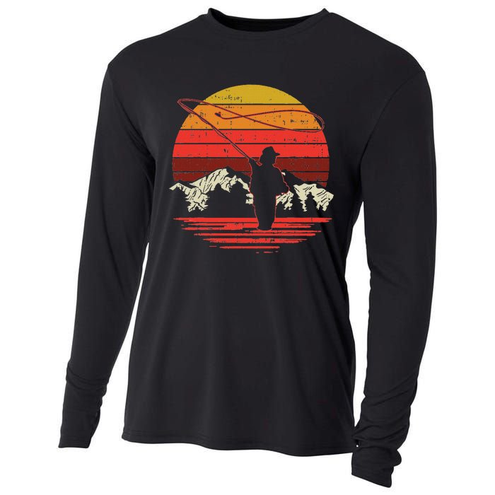 Fly Fishing Sunset Retro Trout Angling Fisherman Angler Gift Cooling Performance Long Sleeve Crew