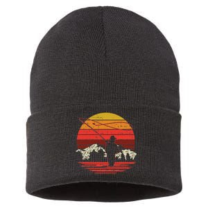 Fly Fishing Sunset Retro Trout Angling Fisherman Angler Gift Sustainable Knit Beanie