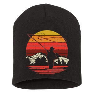 Fly Fishing Sunset Retro Trout Angling Fisherman Angler Gift Short Acrylic Beanie