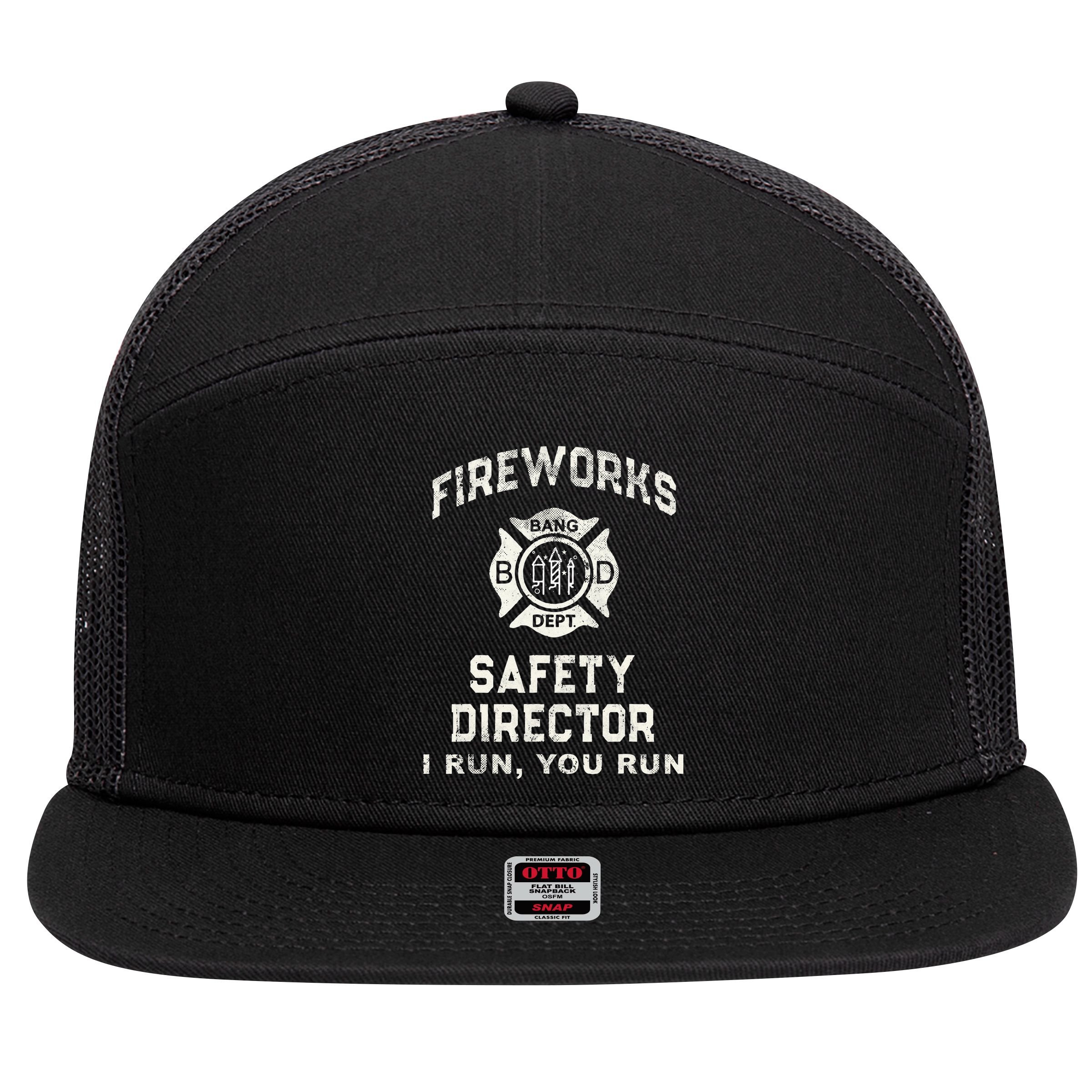 Funny FIREWORKS SAFETY DIRECTOR Firefighter America Red Pyro 7 Panel Mesh Trucker Snapback Hat