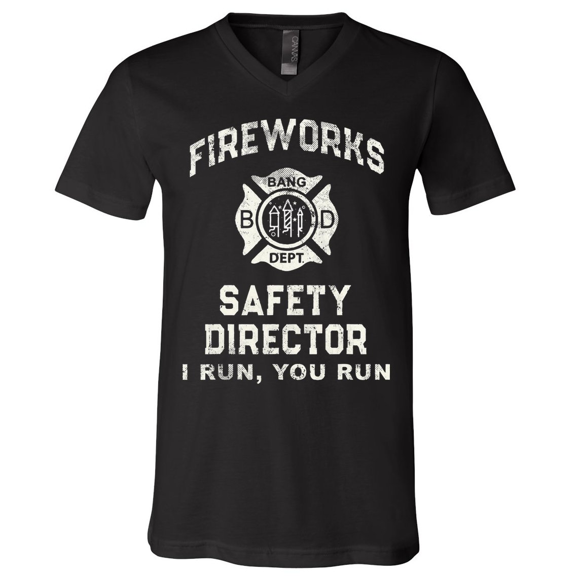 Funny FIREWORKS SAFETY DIRECTOR Firefighter America Red Pyro V-Neck T-Shirt