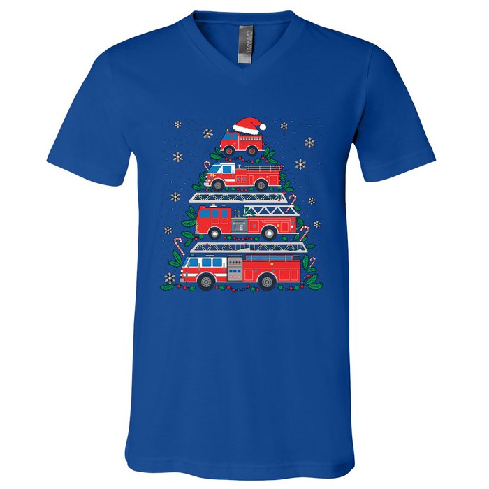 Firefighter Firetruck Santa Christmas Tree Lights Fire Gift V-Neck T-Shirt