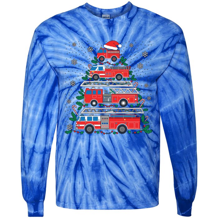 Firefighter Firetruck Santa Christmas Tree Lights Fire Gift Tie-Dye Long Sleeve Shirt