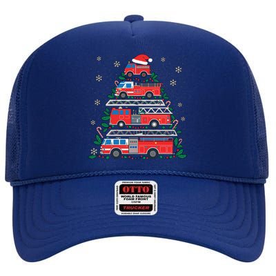 Firefighter Firetruck Santa Christmas Tree Lights Fire Gift High Crown Mesh Back Trucker Hat