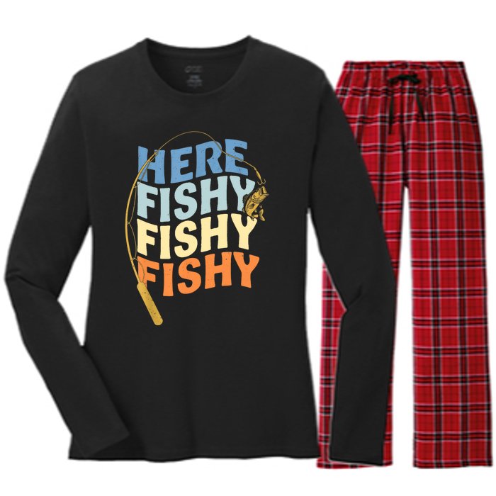 Fishing Funny Saying Vintage Graphic Here Fishy Fisherman Women's Long Sleeve Flannel Pajama Set 