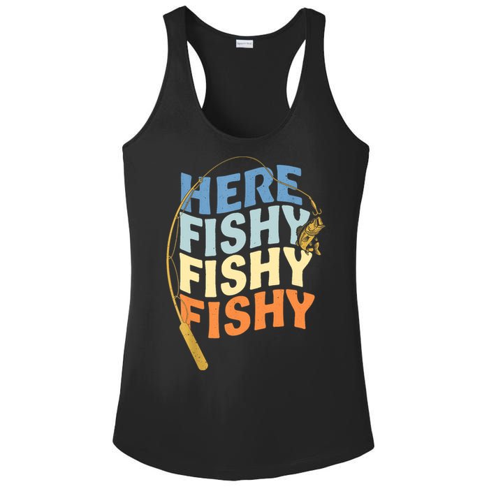 Fishing Funny Saying Vintage Graphic Here Fishy Fisherman Ladies PosiCharge Competitor Racerback Tank