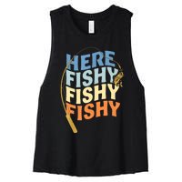 Fishing Funny Saying Vintage Graphic Here Fishy Fisherman Women's Racerback Cropped Tank