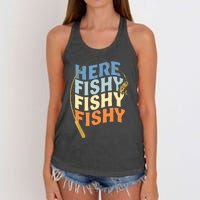 Fishing Funny Saying Vintage Graphic Here Fishy Fisherman Women's Knotted Racerback Tank