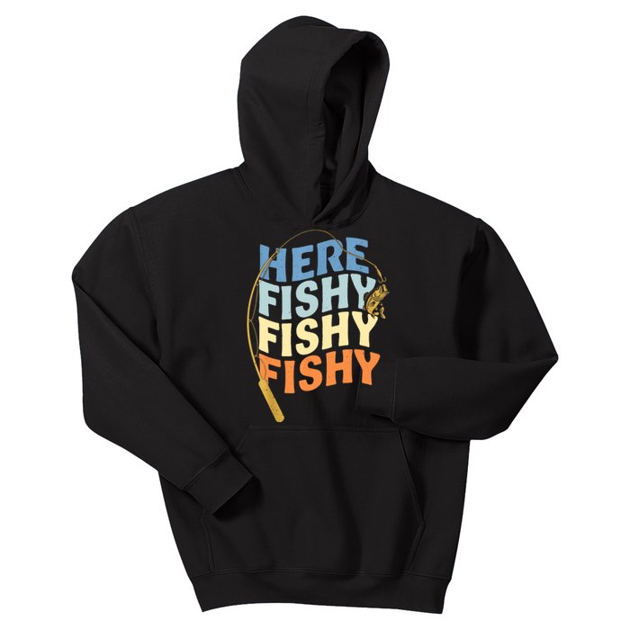 Fishing Funny Saying Vintage Graphic Here Fishy Fisherman Kids Hoodie