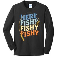 Fishing Funny Saying Vintage Graphic Here Fishy Fisherman Kids Long Sleeve Shirt