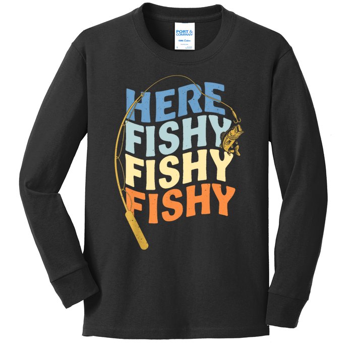 Fishing Funny Saying Vintage Graphic Here Fishy Fisherman Kids Long Sleeve Shirt