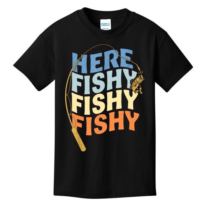 Fishing Funny Saying Vintage Graphic Here Fishy Fisherman Kids T-Shirt